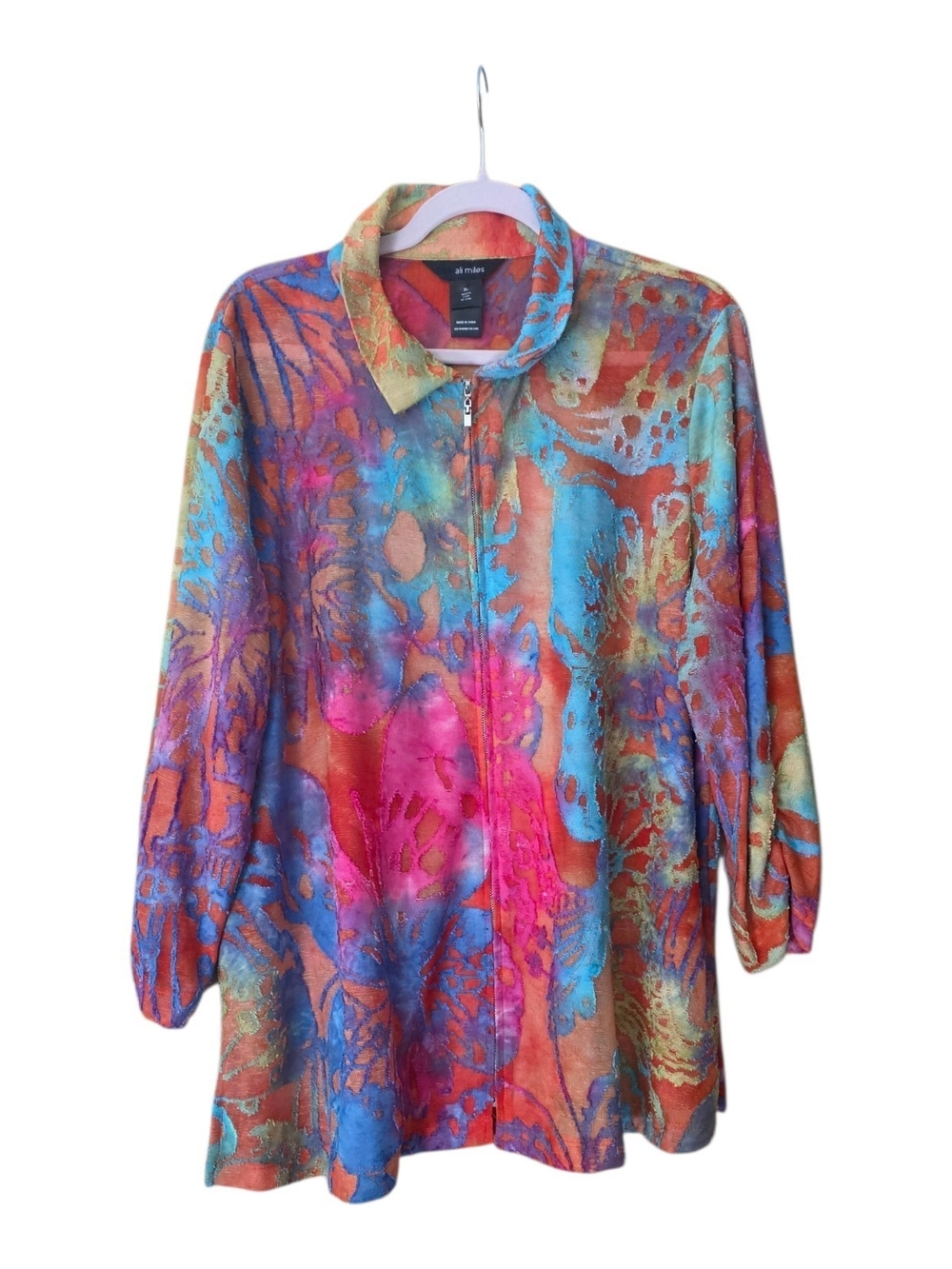 Ali Miles Multicolor Floral Zip-Front Tunic - Pink/Blue/Orange